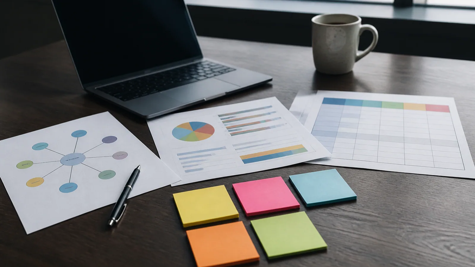 Printed account plans, relationship maps, sticky notes, and a dark laptop cover a planning desk.