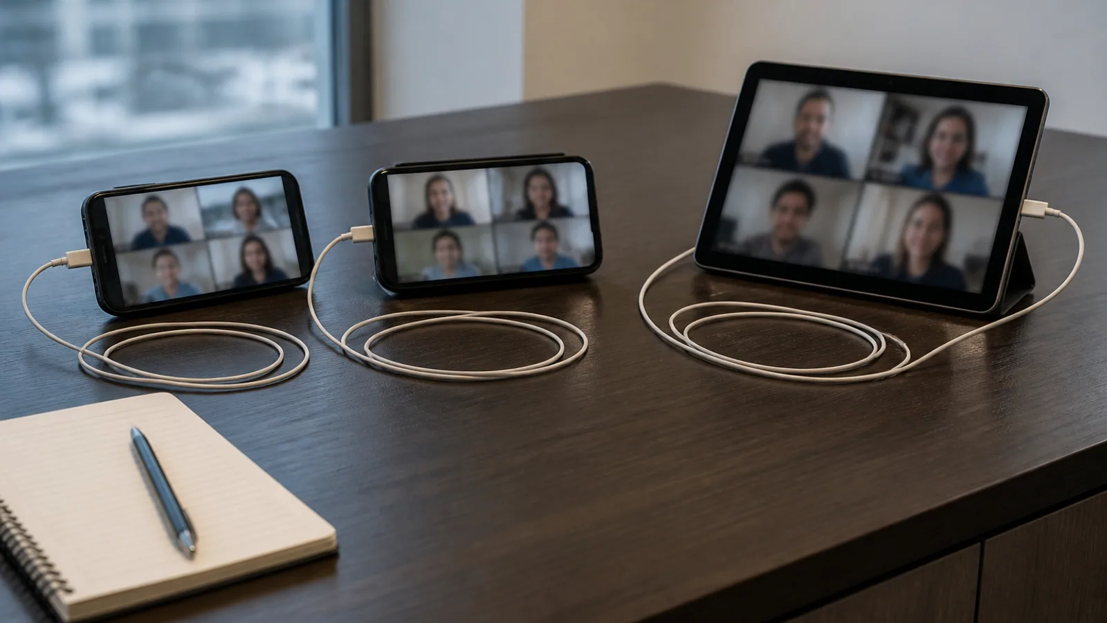 Android phone, iPhone, and iPad sit beside charging cables and a notepad on a credenza.