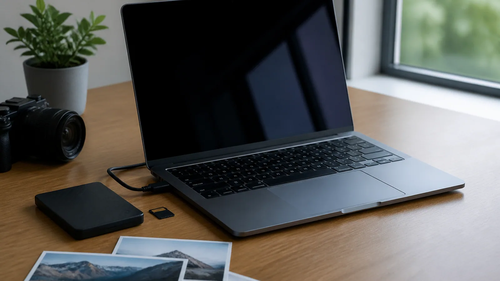 Laptop, external SSD, memory card, and printed photographs arranged on an editing desk.