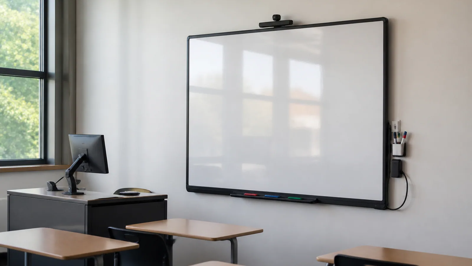 Interactive whiteboard with styluses and markers above rows of desks in a quiet classroom.