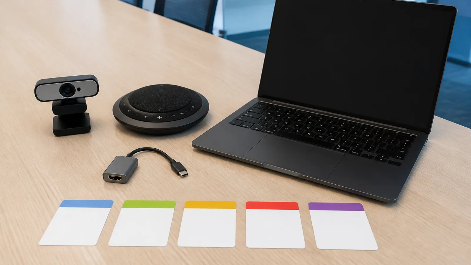 Webcam, speakerphone, adapter, and comparison cards arranged beside a dark laptop.