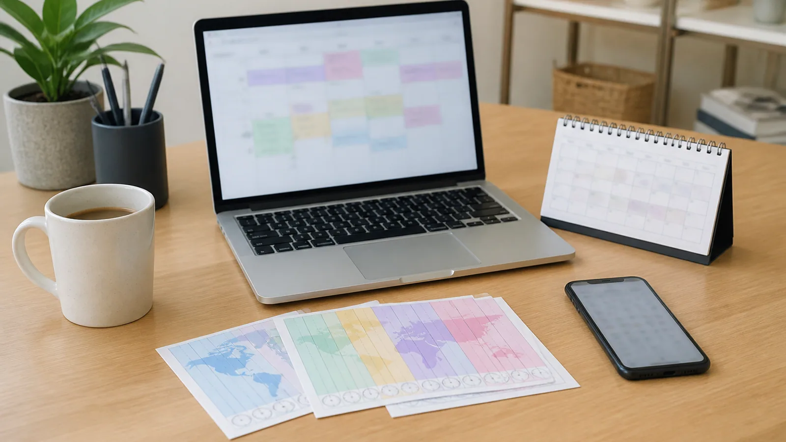 Laptop, phone, time-zone cards, and desk calendar arranged on a scheduling workspace.