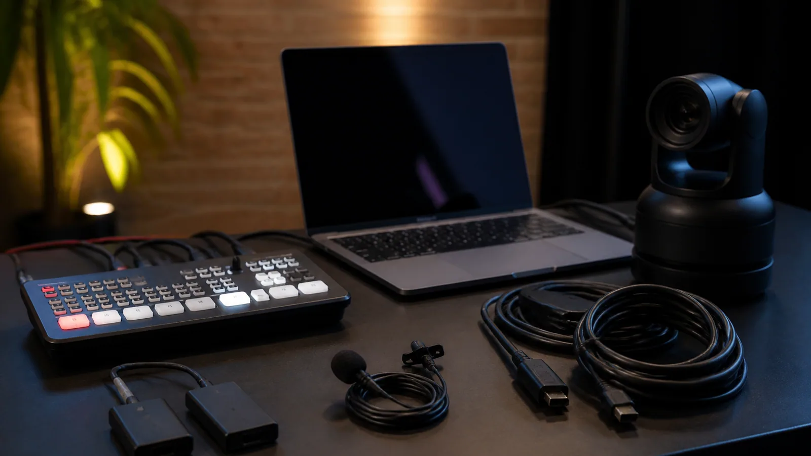 Video switcher, capture cards, cables, microphone, camera, and dark laptop arranged on a webcast production desk.