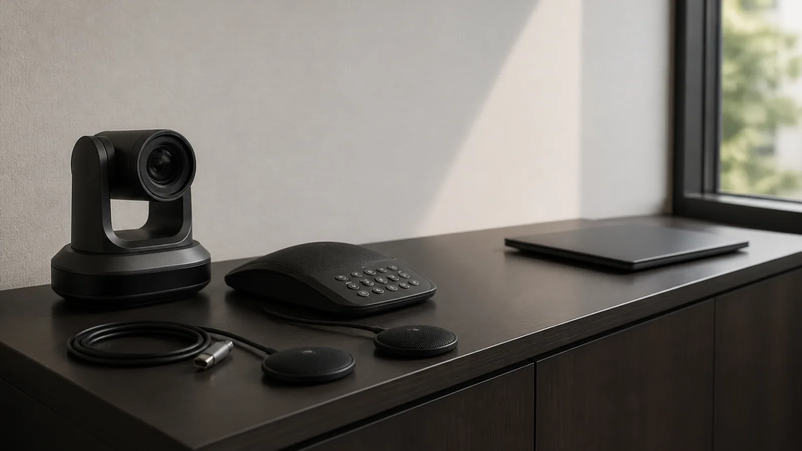 PTZ camera, tabletop speakerphone, microphones, cables, and closed laptop arranged on a conference-room credenza.