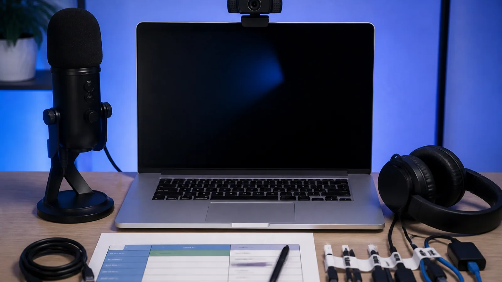 Laptop, webcam, microphone, headset, and printed webinar software comparison notes arranged on a desk.