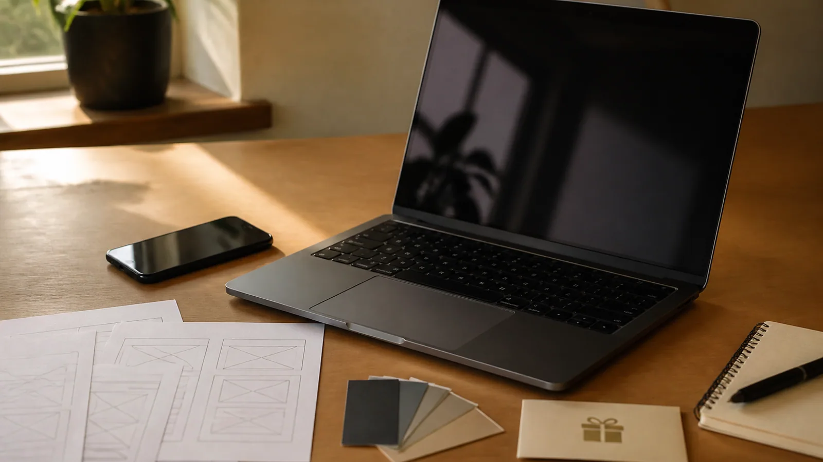Laptop, phone, wireframes, color swatches, timing notes, and an incentive card on a desk.