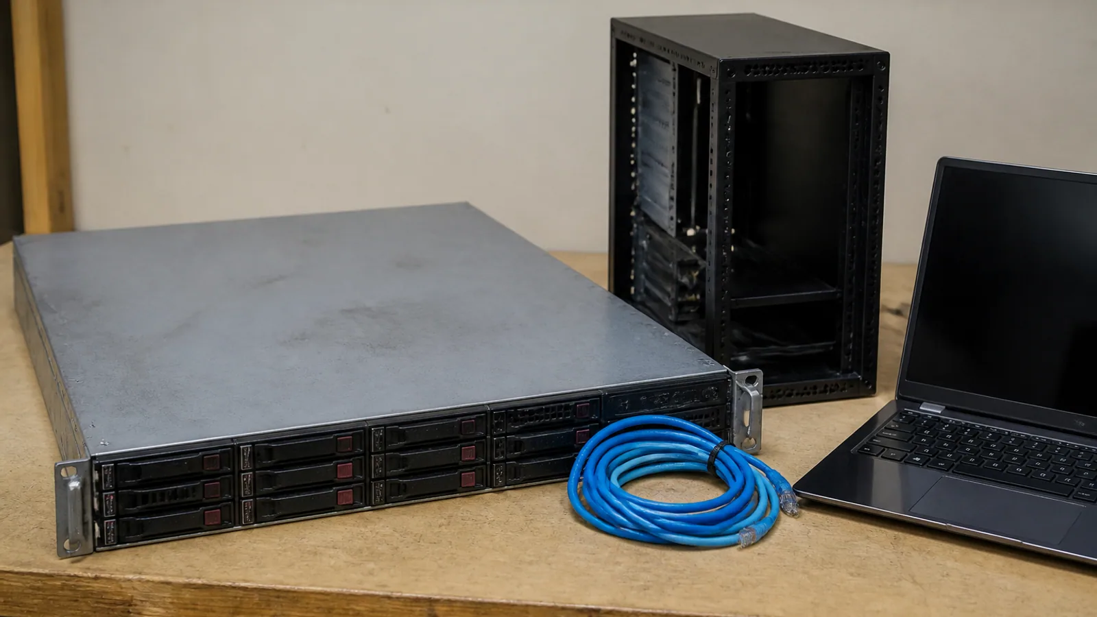 Refurbished HP server, rack chassis, Ethernet cables and dark laptop on a workbench.