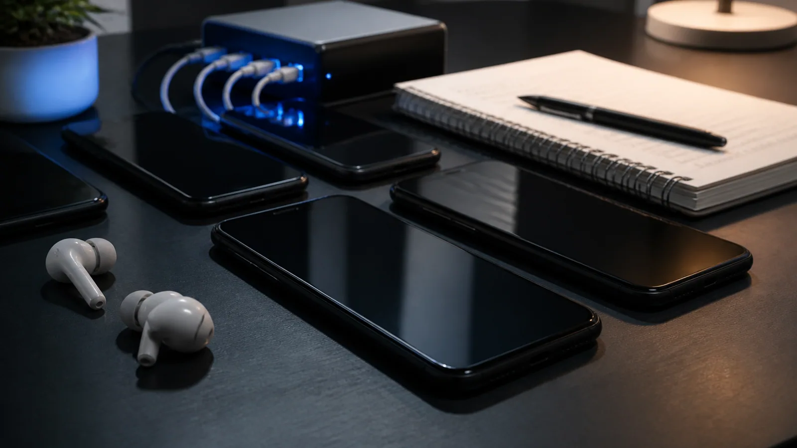 Smartphones, earbuds, charging cables, and moderation notes rest on a dimly lit desk.