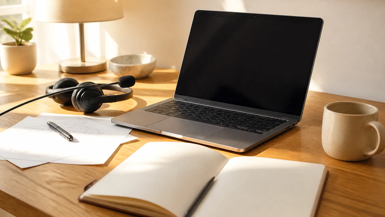 Laptop, webcam, headset, handwritten notes, and meeting notebook arranged on an office desk.