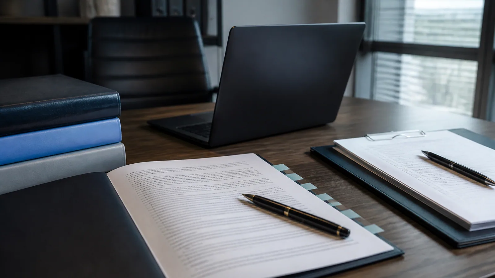 Annotated contract, compliance binders, regulatory checklists, fountain pen, and dark laptop arranged on a walnut desk.