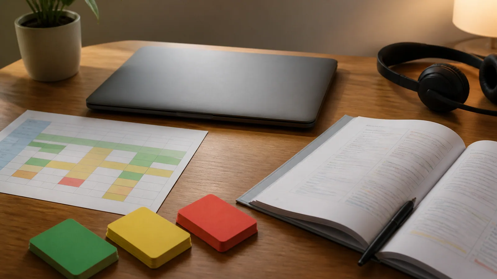 Training desk with laptop, skills matrix, workbook, headset, and color-coded competency cards.
