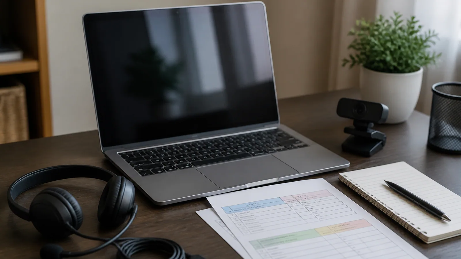 Laptop, webcam, headset, printed pricing notes, and comparison notes arranged on a desk.