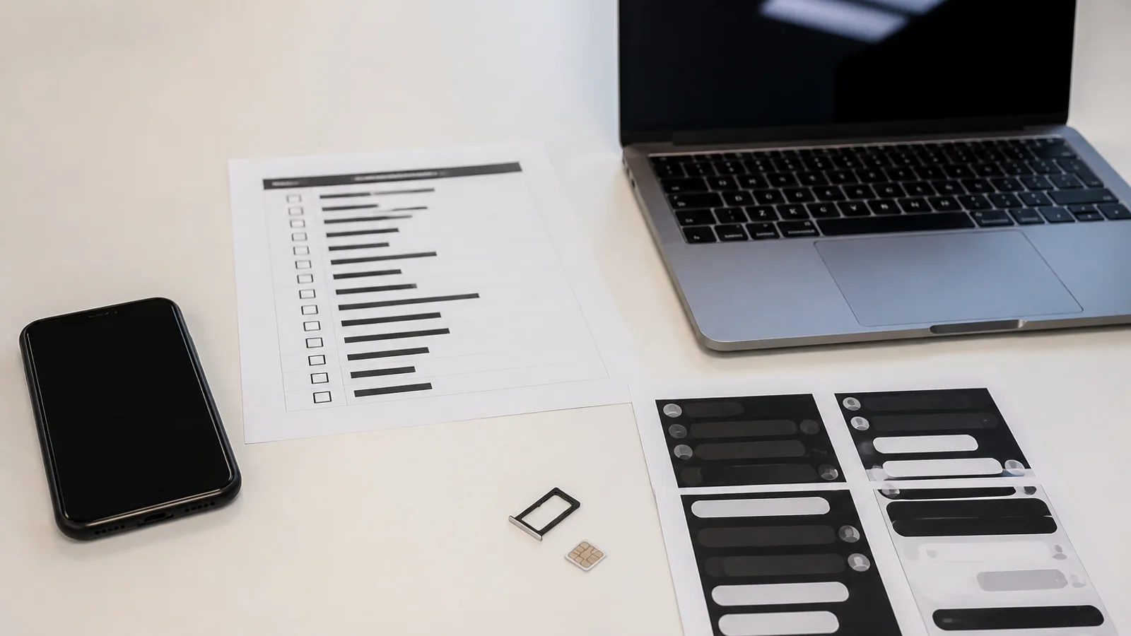 Smartphone, redacted scam-message printouts, incident checklist, SIM tray, and dark laptop on a security desk.