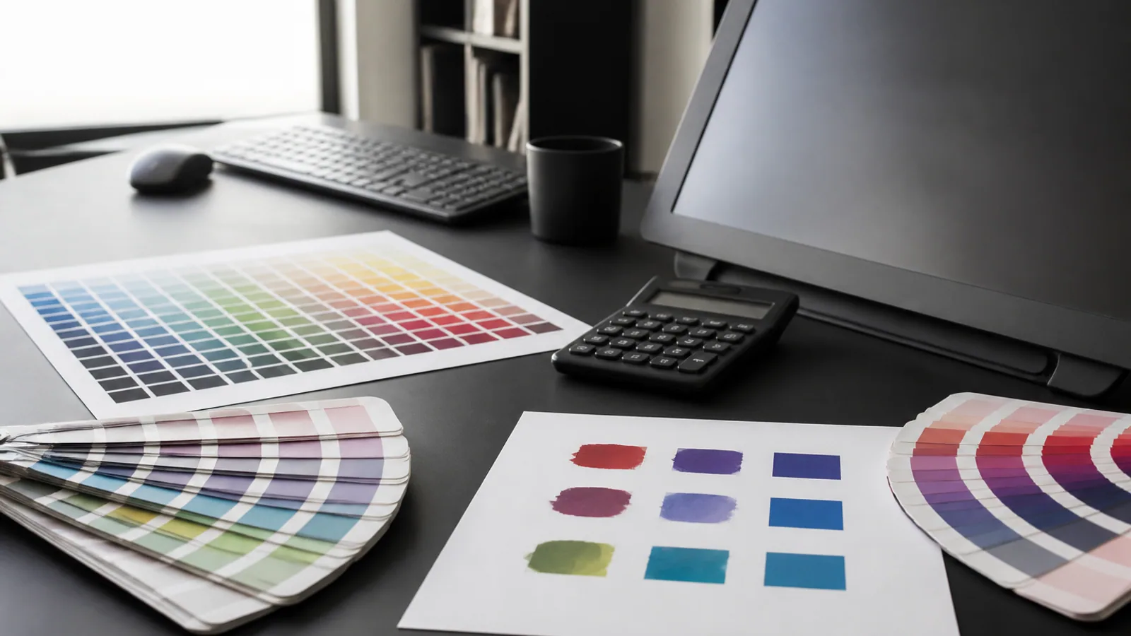 RGB swatches, printed color charts, calculator, and notes rest beside a dark monitor.