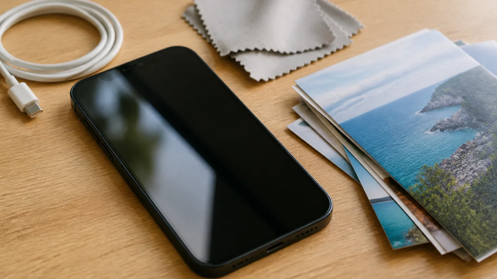 iPhone, charging cable, microfiber cloth, and printed photos arranged on a desk.