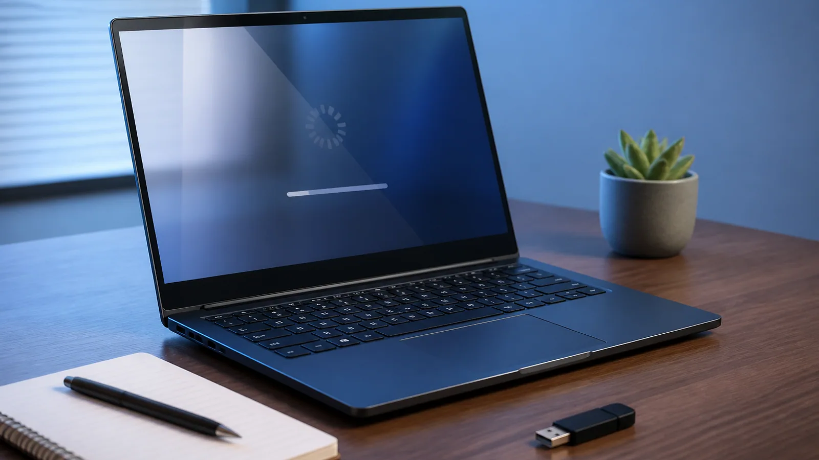 Laptop, USB drive, notepad, and desk surface beside an unreadable reflective screen.