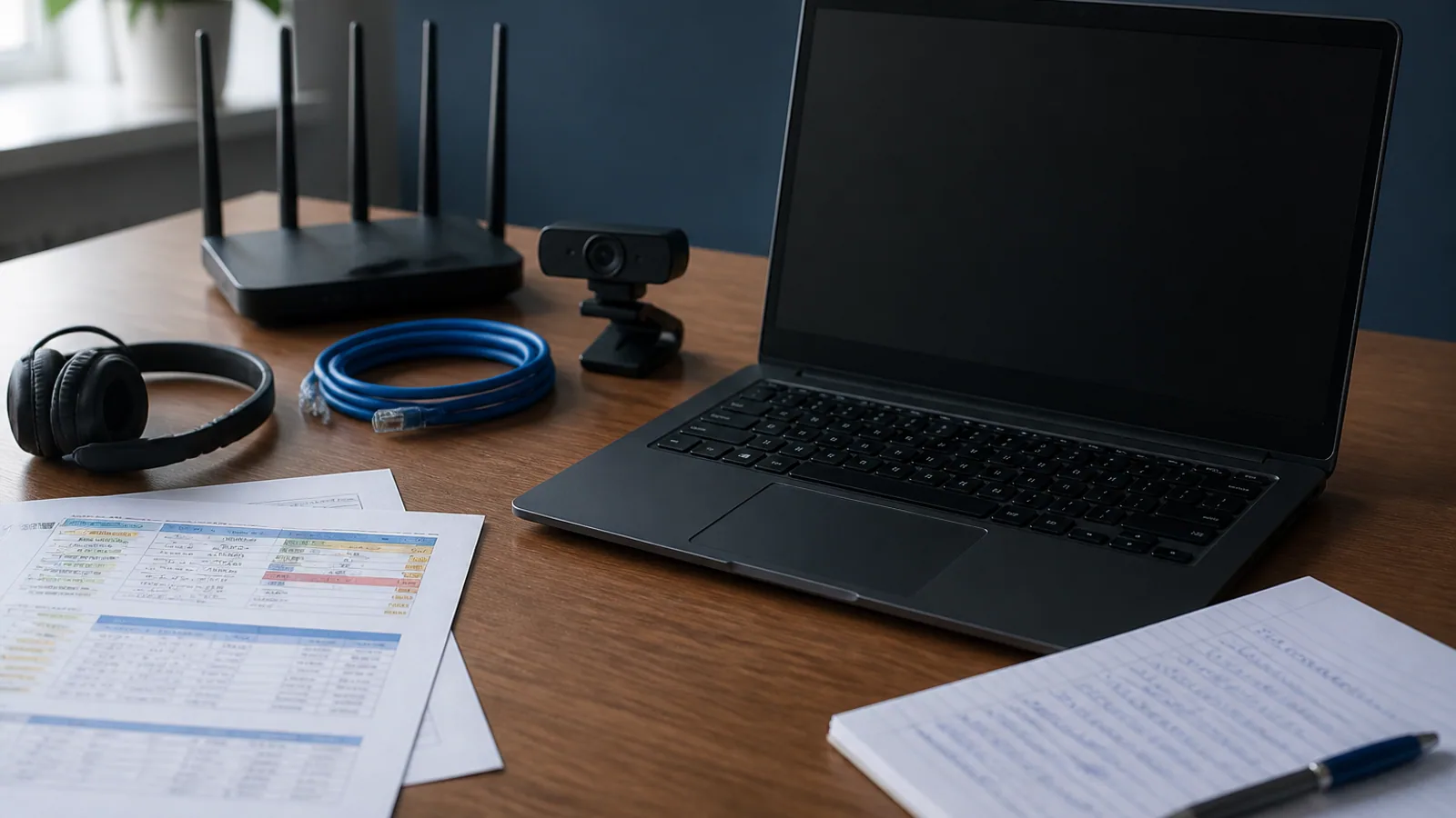 Webcam, headset, router, Ethernet cable, scorecards, and handwritten notes surround a dark laptop.