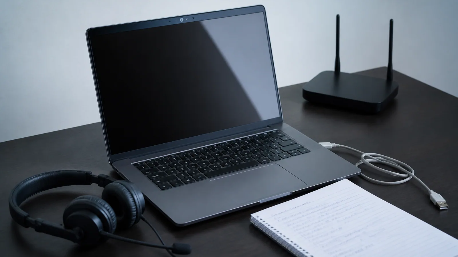 Laptop, webcam, headset, router, cable, and handwritten troubleshooting notes arranged on a desk.