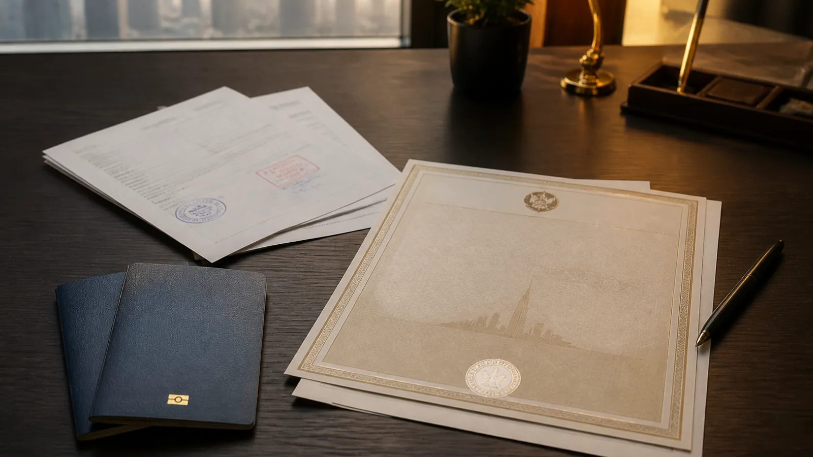 Passports, stamped forms, and a UAE marriage certificate rest on a wooden desk.