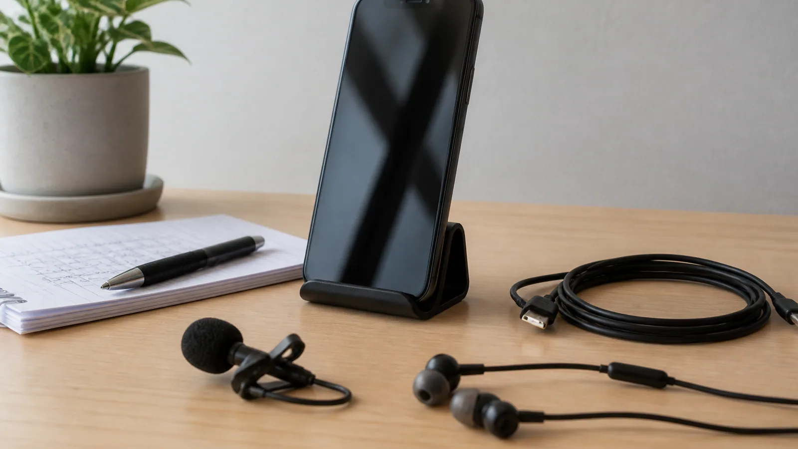 Android phone on a stand beside a microphone, earbuds, charging cable, and handwritten meeting notes.