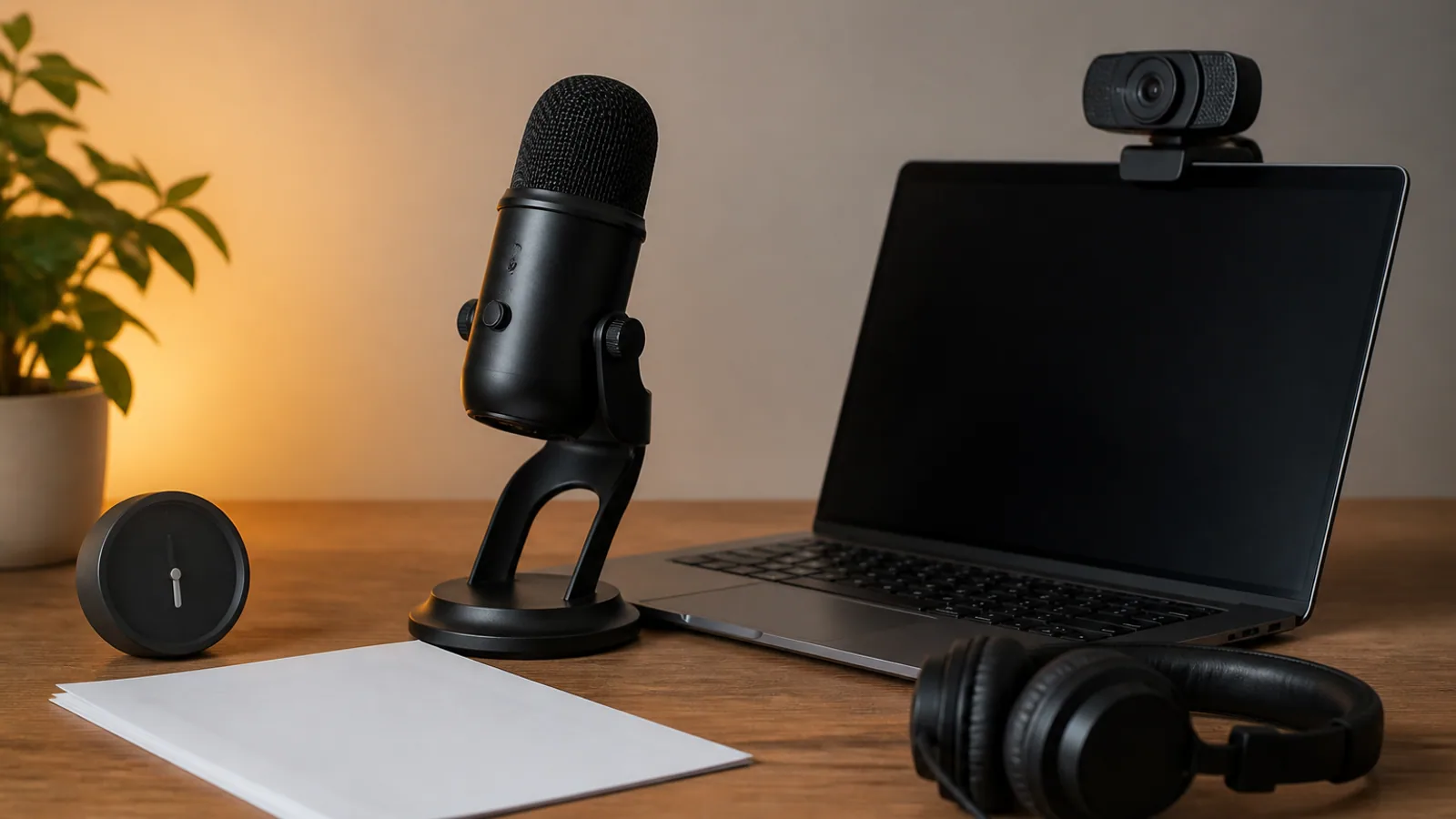 Microphone, webcam, printed notes, timer, headphones, and a dark laptop form a prepared webinar workstation.