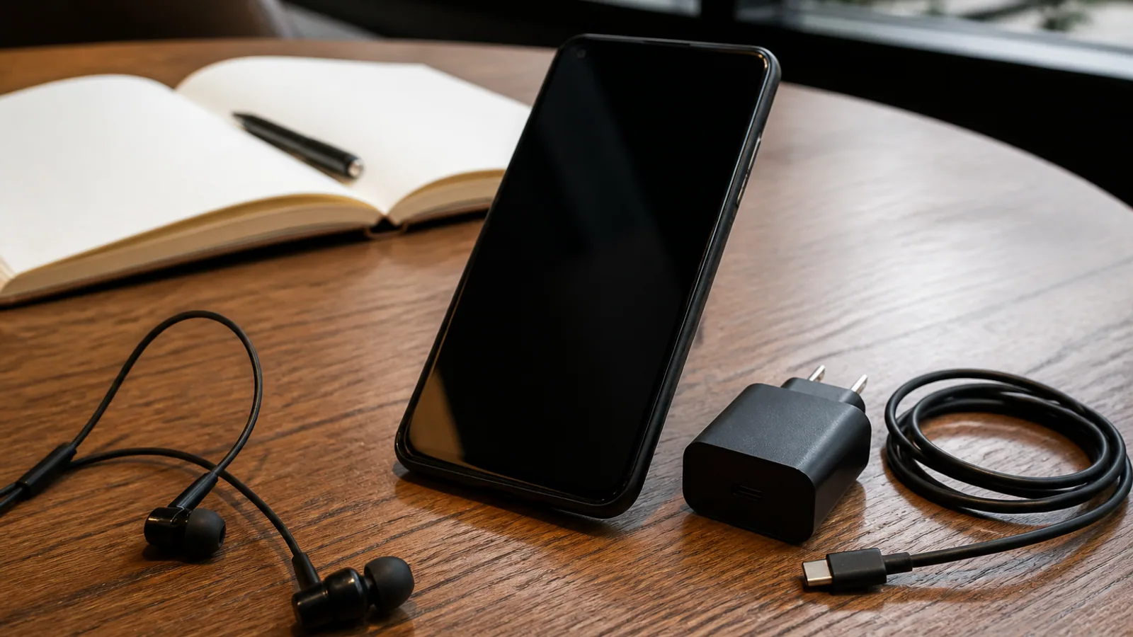 Android phone, earbuds, charger, and notebook arranged on a café table.