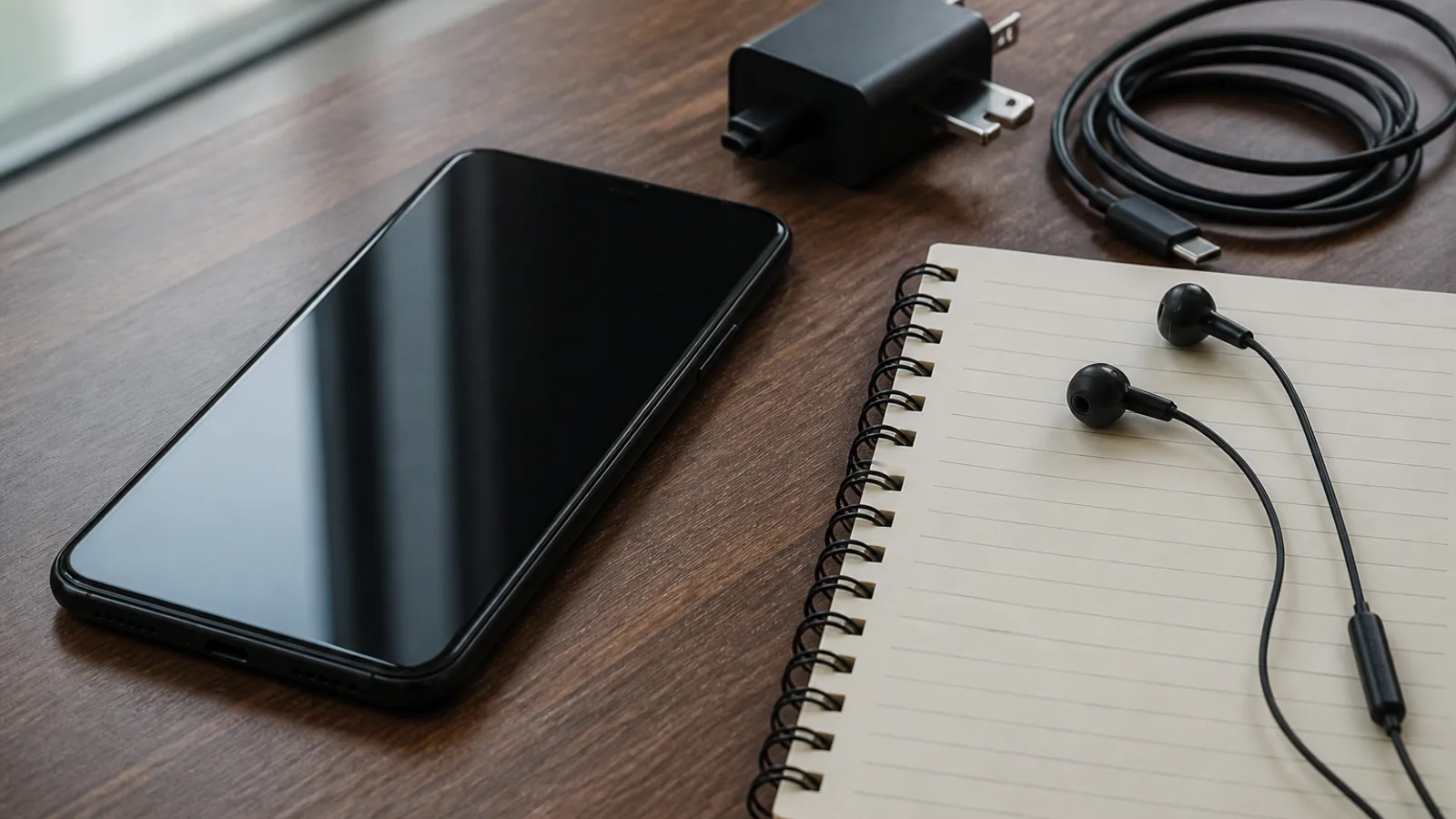 Android phone, participant notes, charger, and earbuds arranged on an office desk.