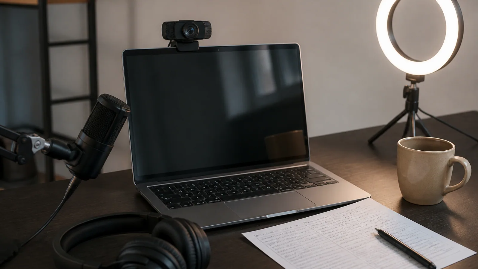 Laptop, webcam, microphone, headphones, handwritten notes, and ring light arranged on a home-office desk.