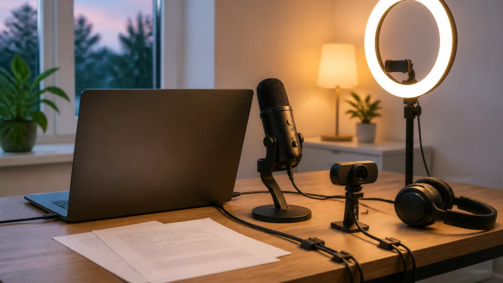 Laptop, webcam, microphone, ring light, headphones, notes, and cables arranged on a webinar desk.