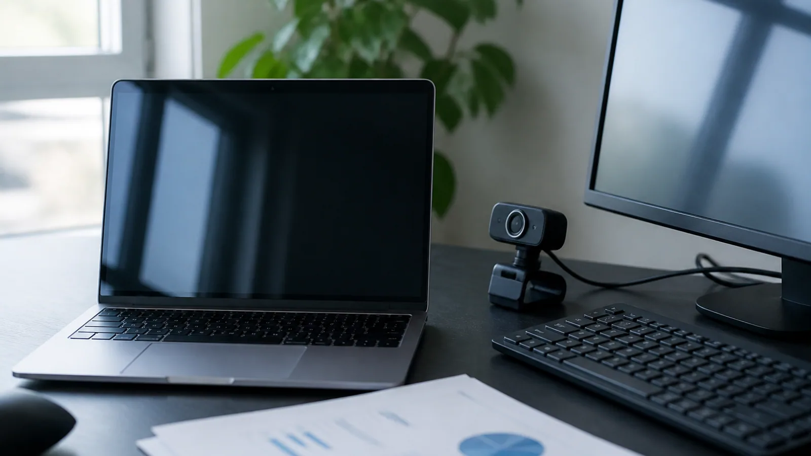 Laptop, webcam, keyboard, printed slides, and angled monitors arranged on a tidy desk.