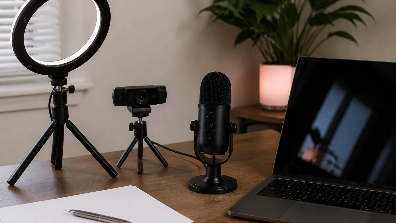 Webcam, microphone, ring light, printed notes, and laptop arranged on a quiet webinar recording desk.