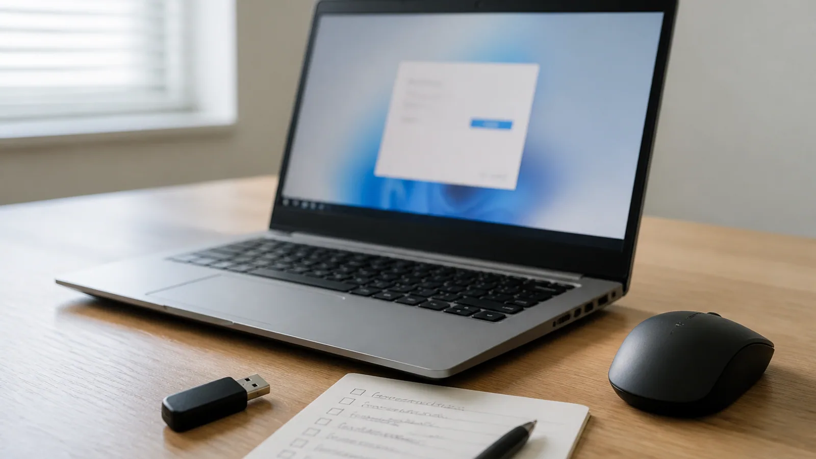 Laptop, mouse, USB drive, and handwritten setup checklist arranged on a tidy workstation.