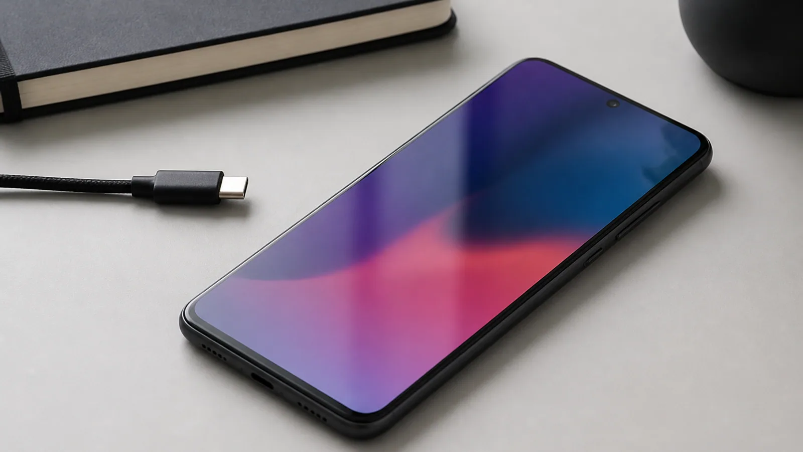 Android phone with a reflective screen beside a USB-C cable and notebook.