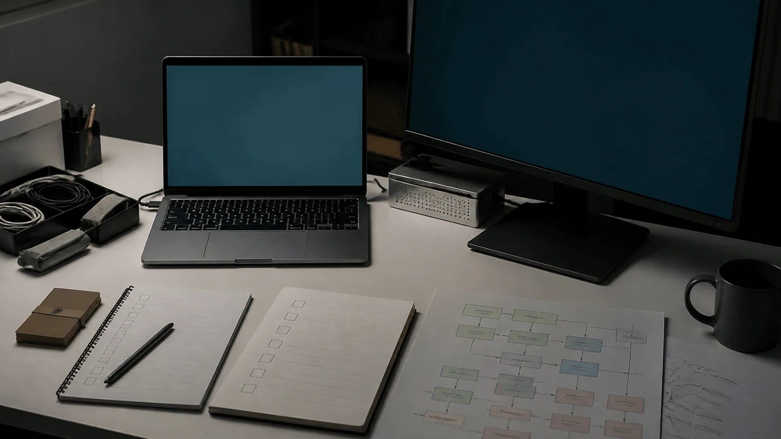 Laptop, monitor, deployment checklist, repository cards, cables, and infrastructure diagrams occupy an engineering desk.