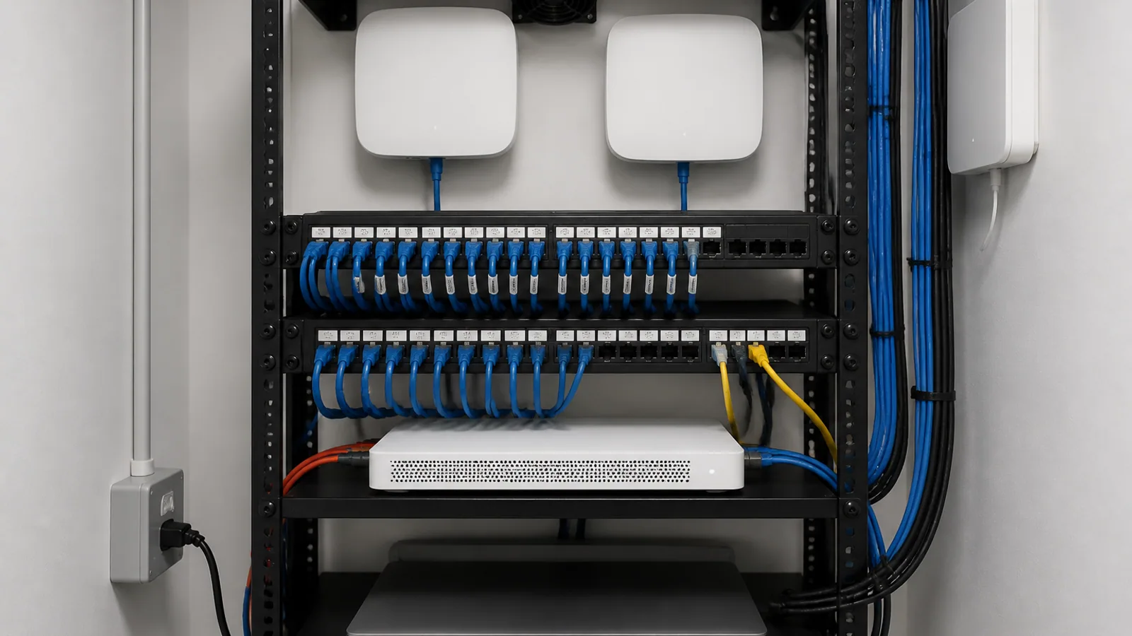 Network rack, Meraki hardware, labeled cables, patch panels, and a closed laptop in a small office closet.