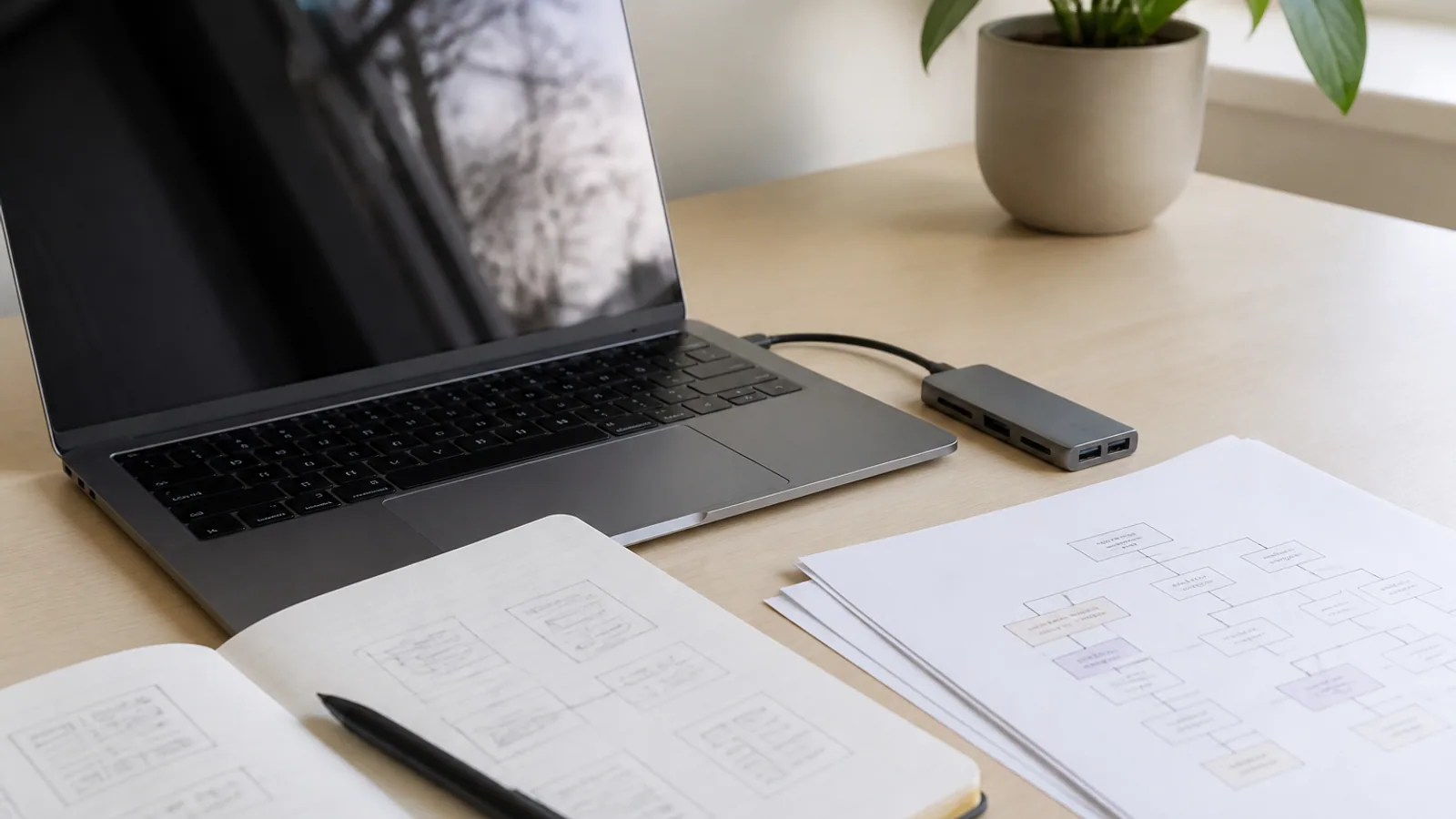Laptop, component sketches, USB-C hub, and project folders sit on a developer’s organized desk.