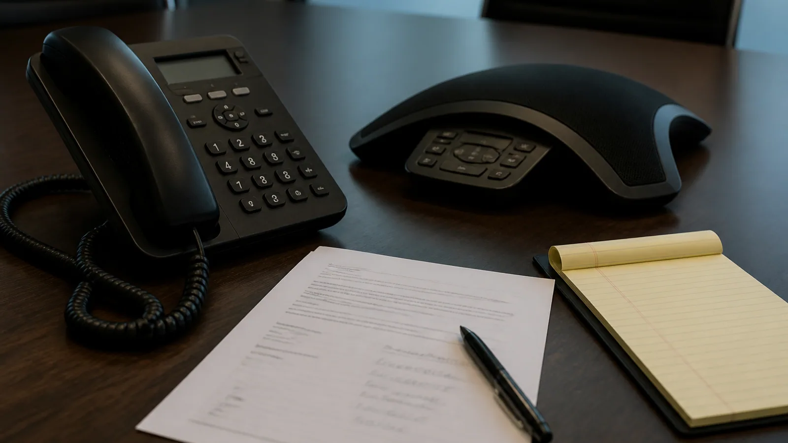 Desk telephone, printed dial-in details, conference speakerphone, and notepad arranged on an office desk.