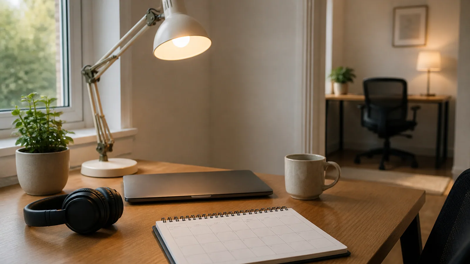 Home-office desk with a closed laptop, planner, headphones, coffee mug, and lamp beside a bright window.