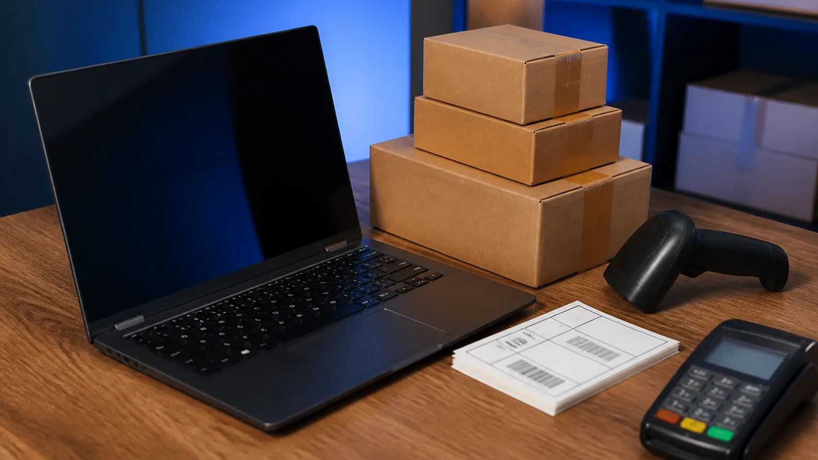 Laptop, shipping boxes, barcode scanner, order labels, and payment terminal arranged on a fulfillment desk.