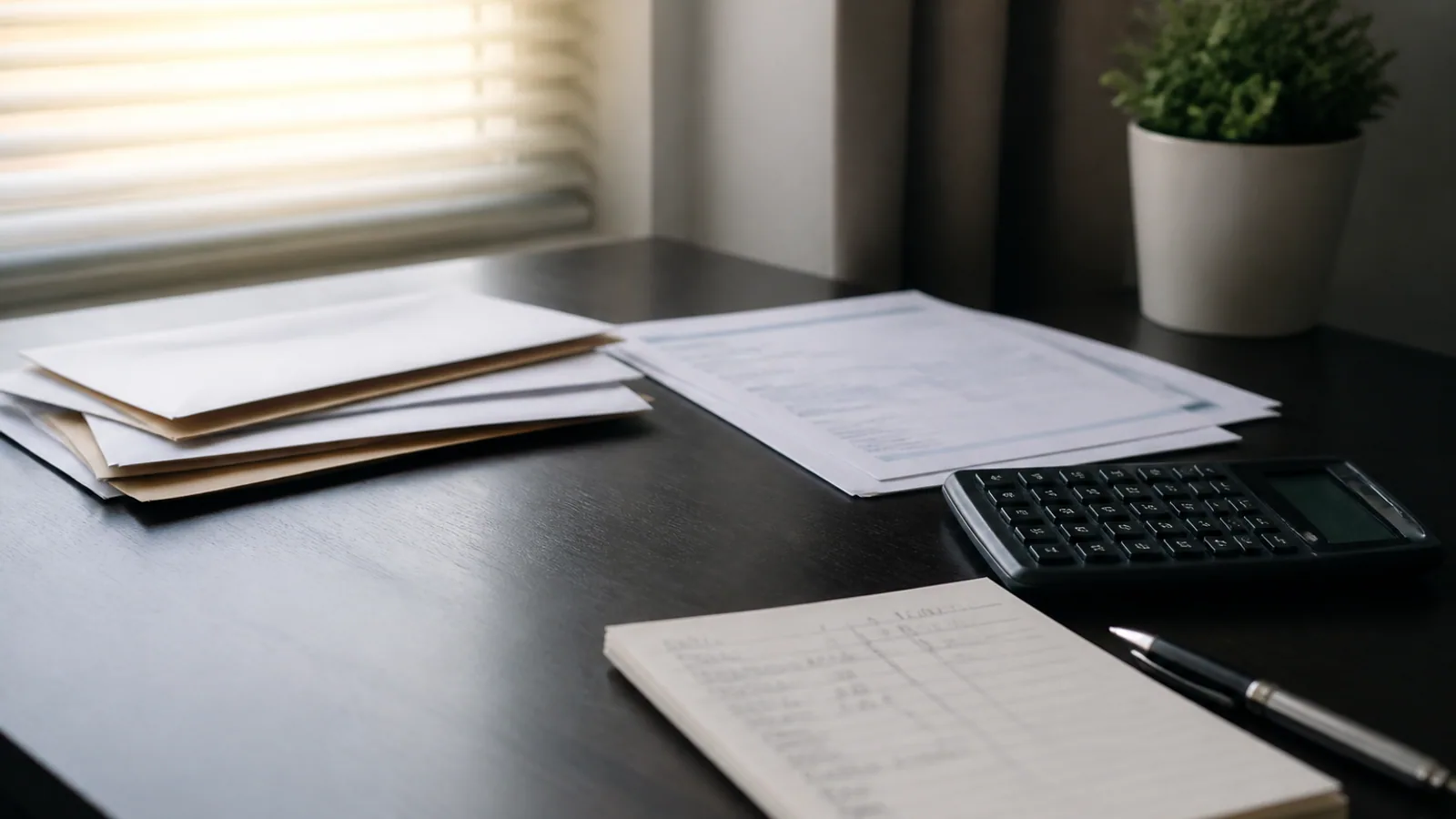 Unopened envelopes, a calculator, budget notes, and a pen sit on a wooden desk in gentle window light.