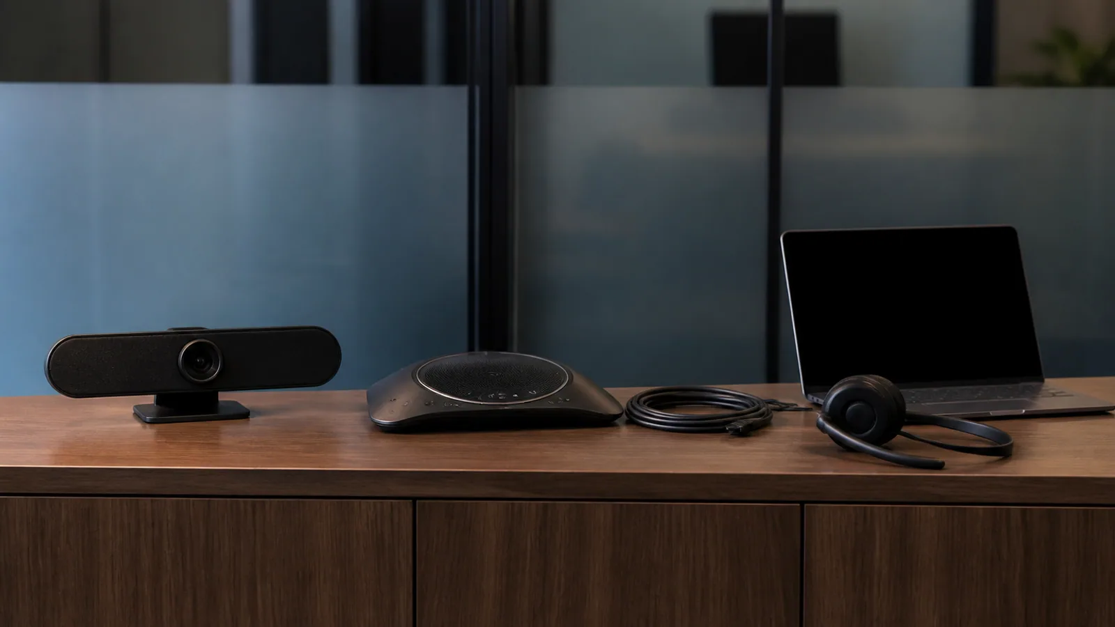 Webcam, speakerphone, headset, Ethernet cable, and dark laptop rest on a conference-room credenza.