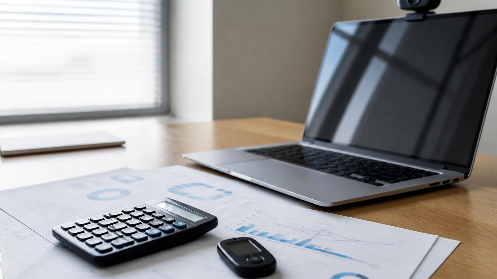 Account statements, calculator, security token, webcam and laptop arranged on a financial adviser’s desk.