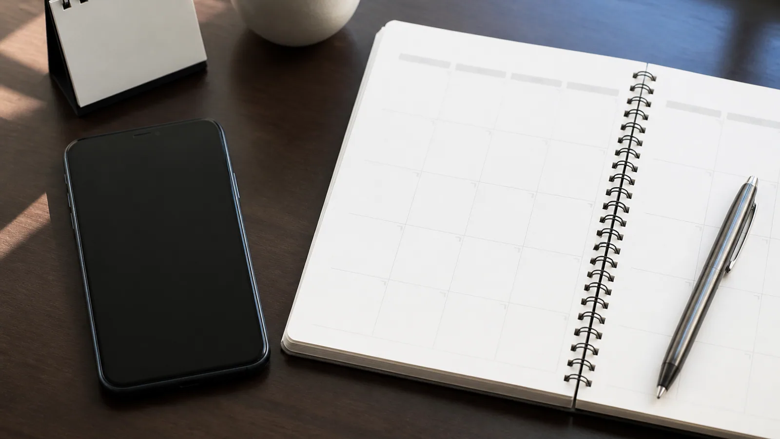 Android phone beside a paper planner showing repeated meeting dates, pen, and desk calendar.