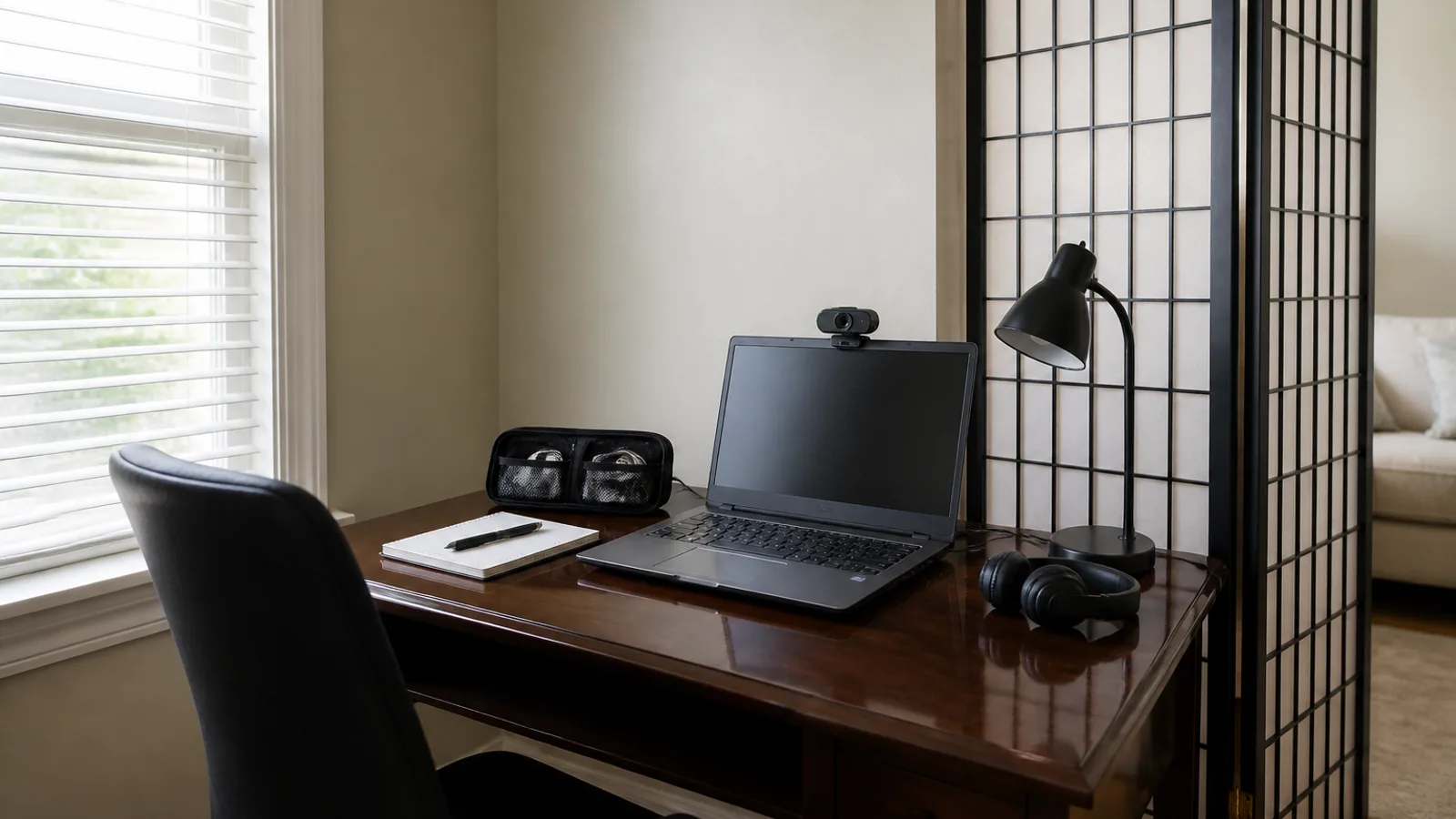 Desk, laptop, webcam, headset, lamp, notebook, and room divider arranged in a quiet home-office corner.