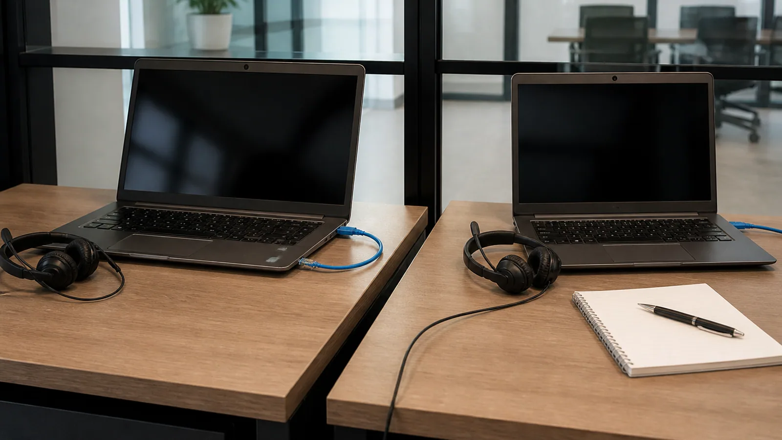 Laptops, headsets, Ethernet cables, and a comparison notebook occupy two separate workstations.