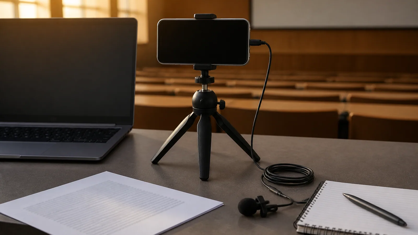 Smartphone, tripod, microphone, lecture notes, and notebook arranged on a classroom desk.