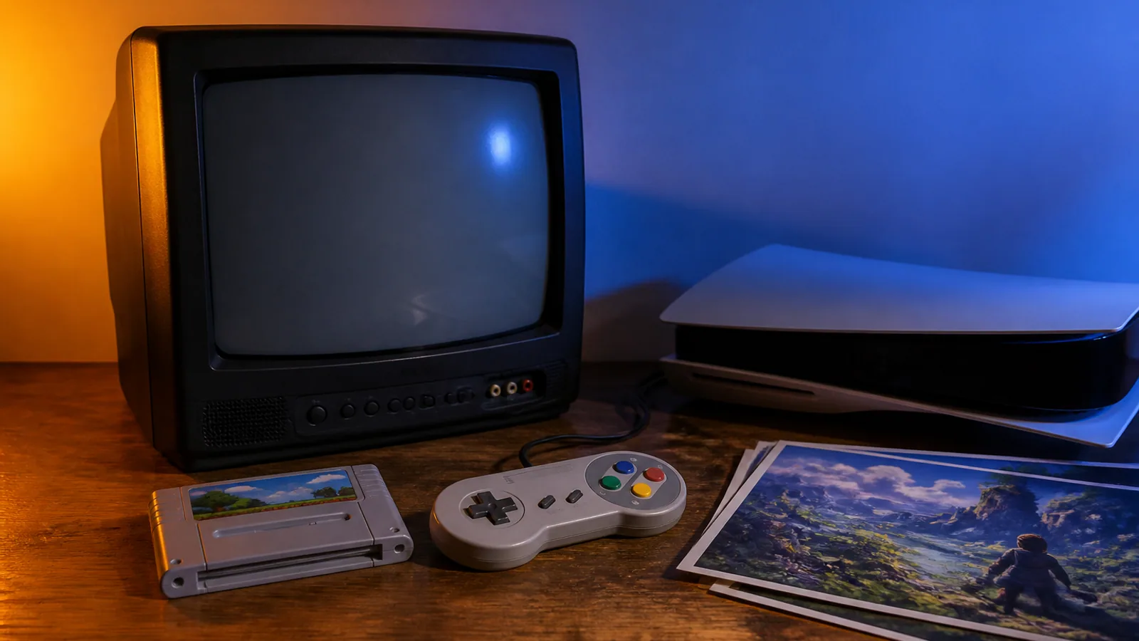 CRT television, cartridges, controller, console, and graphics printouts arranged across a dimly lit desk.