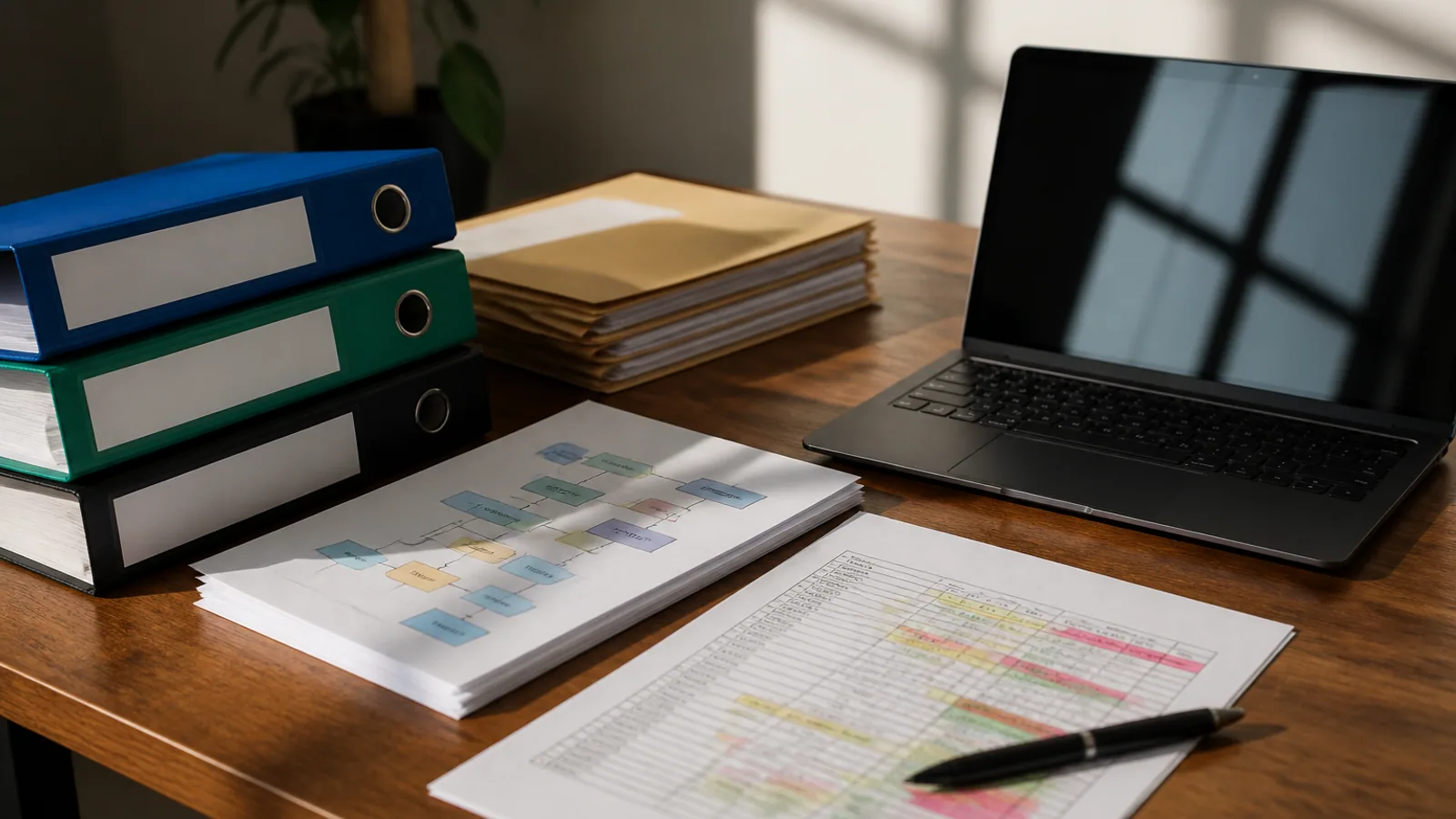 Policy binders, process maps, risk checklists, folders, and a dark laptop sit on a finance operations desk.