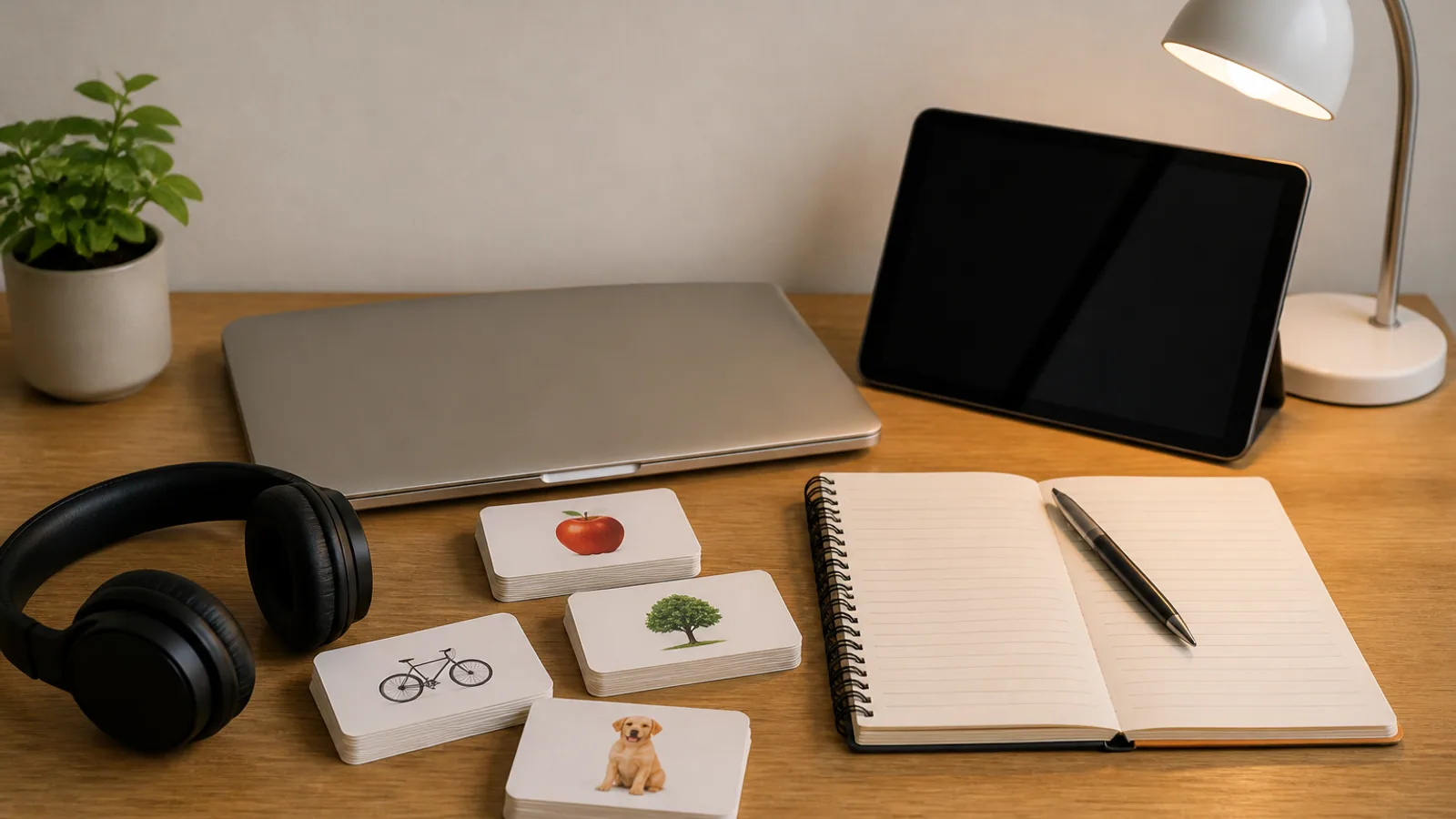 Headset, vocabulary cards, notebook, and dark-screen devices arranged on a language learner’s desk.