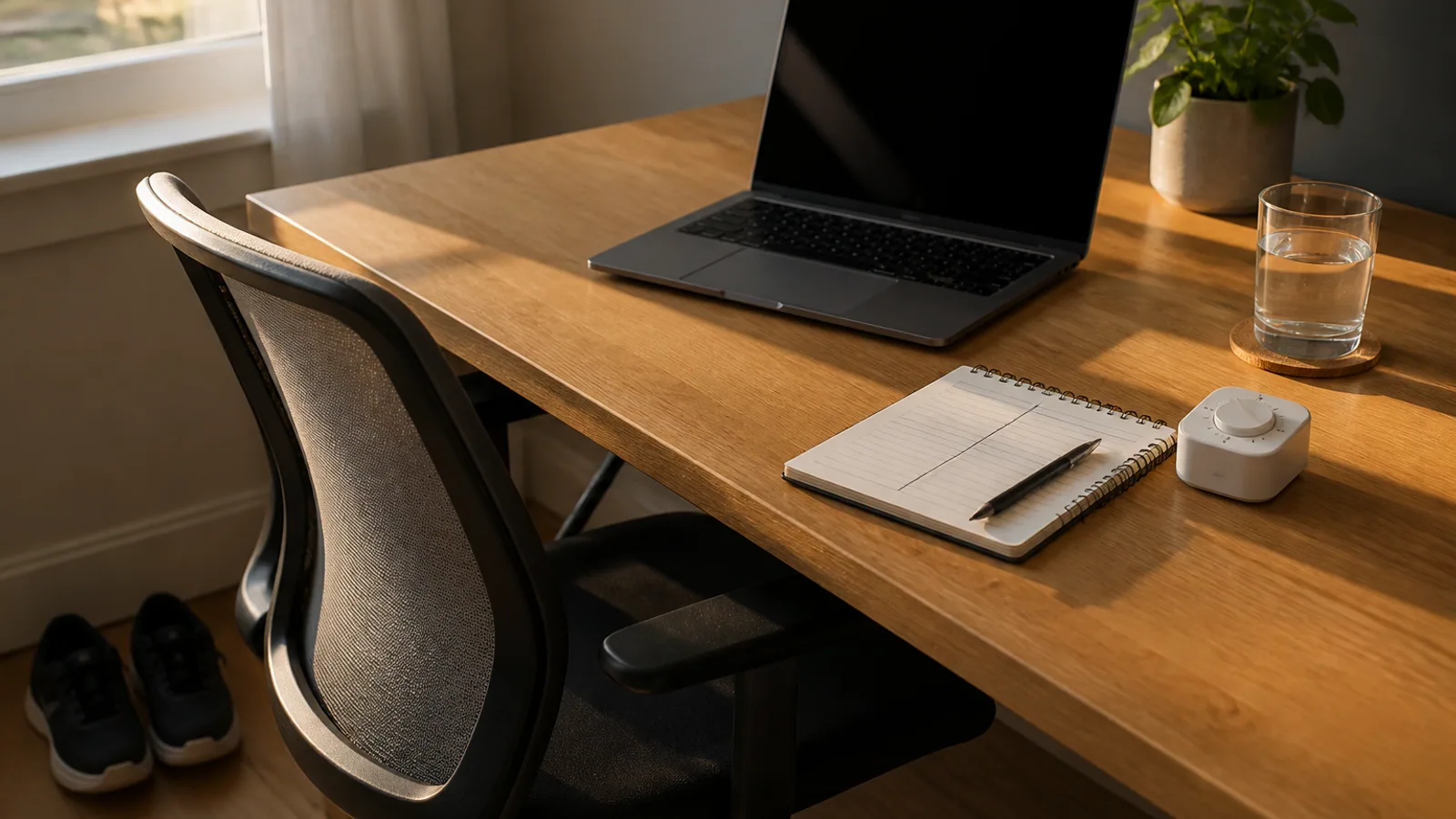 Desk with a dark laptop, timed task list, analog timer, water glass, and walking shoes.